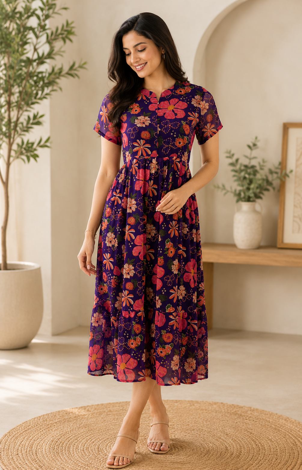 Violet with Multicolor Floral Printed Georgette Center Zip Maxi