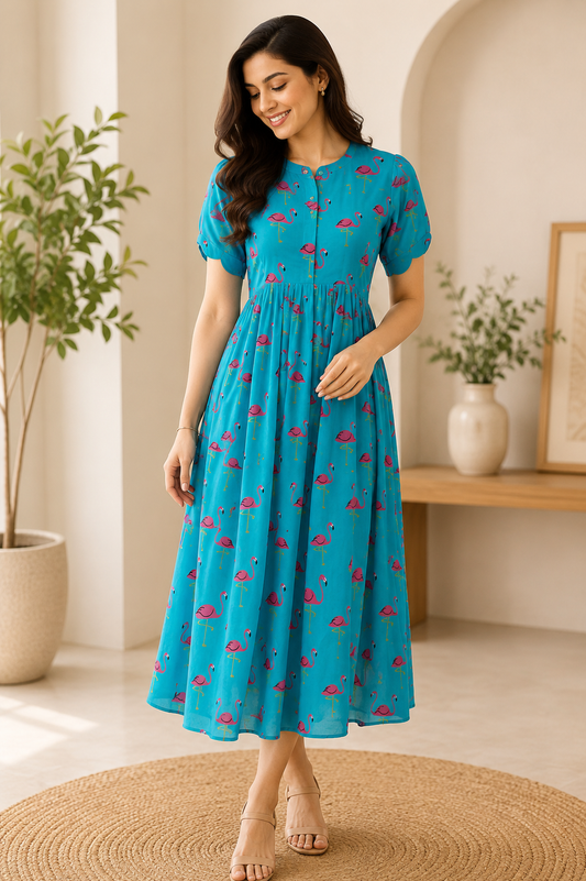Aqua with Pink Flamingo's Printed Georgette Center Zip Maxi