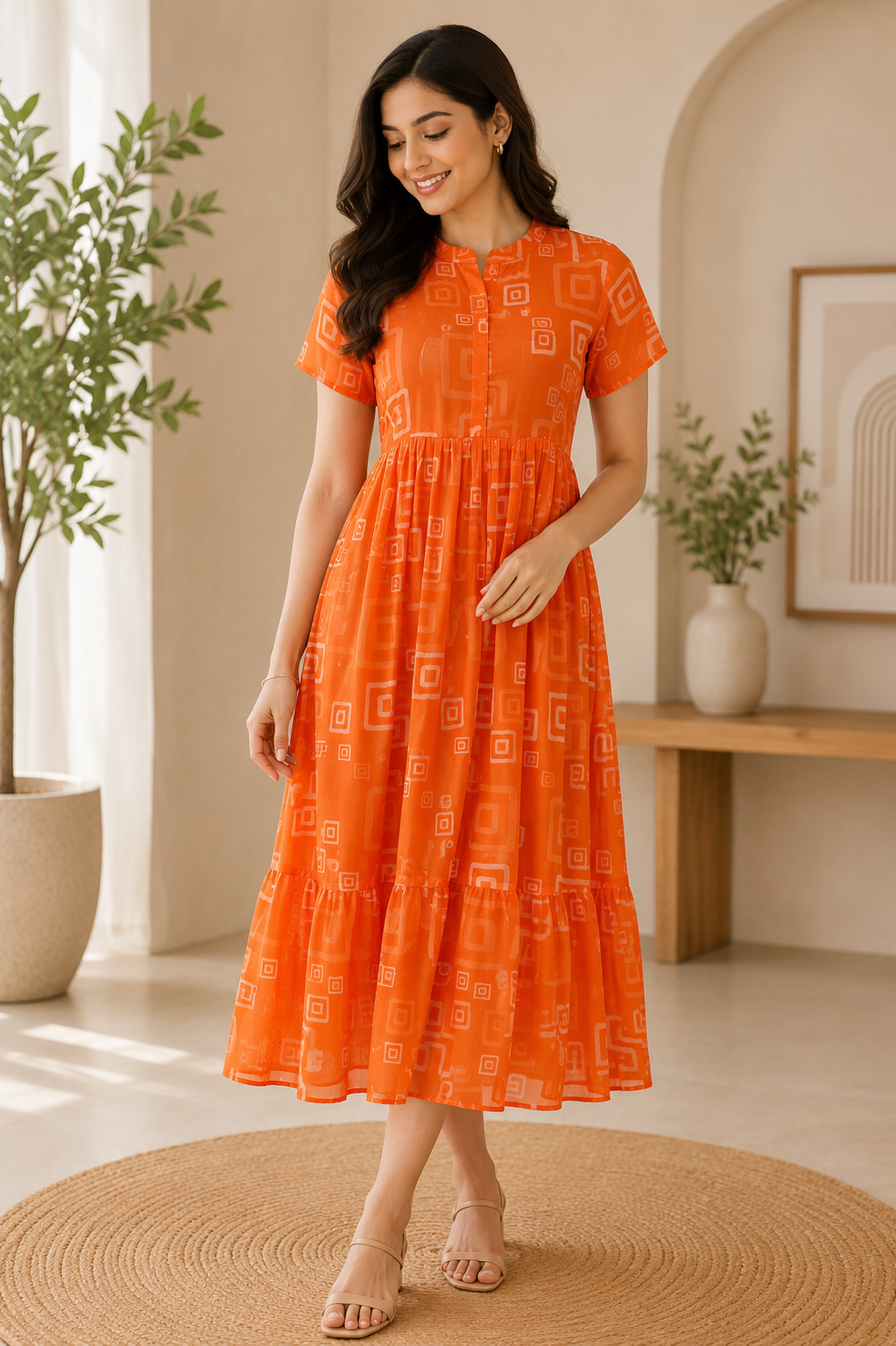 Orange With Square Pattern Printed Georgette Center Zip Maxi