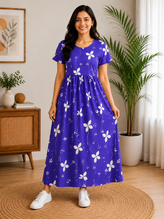 Vibrant Royal Blue With White Floral Printed Feeding Loungewear