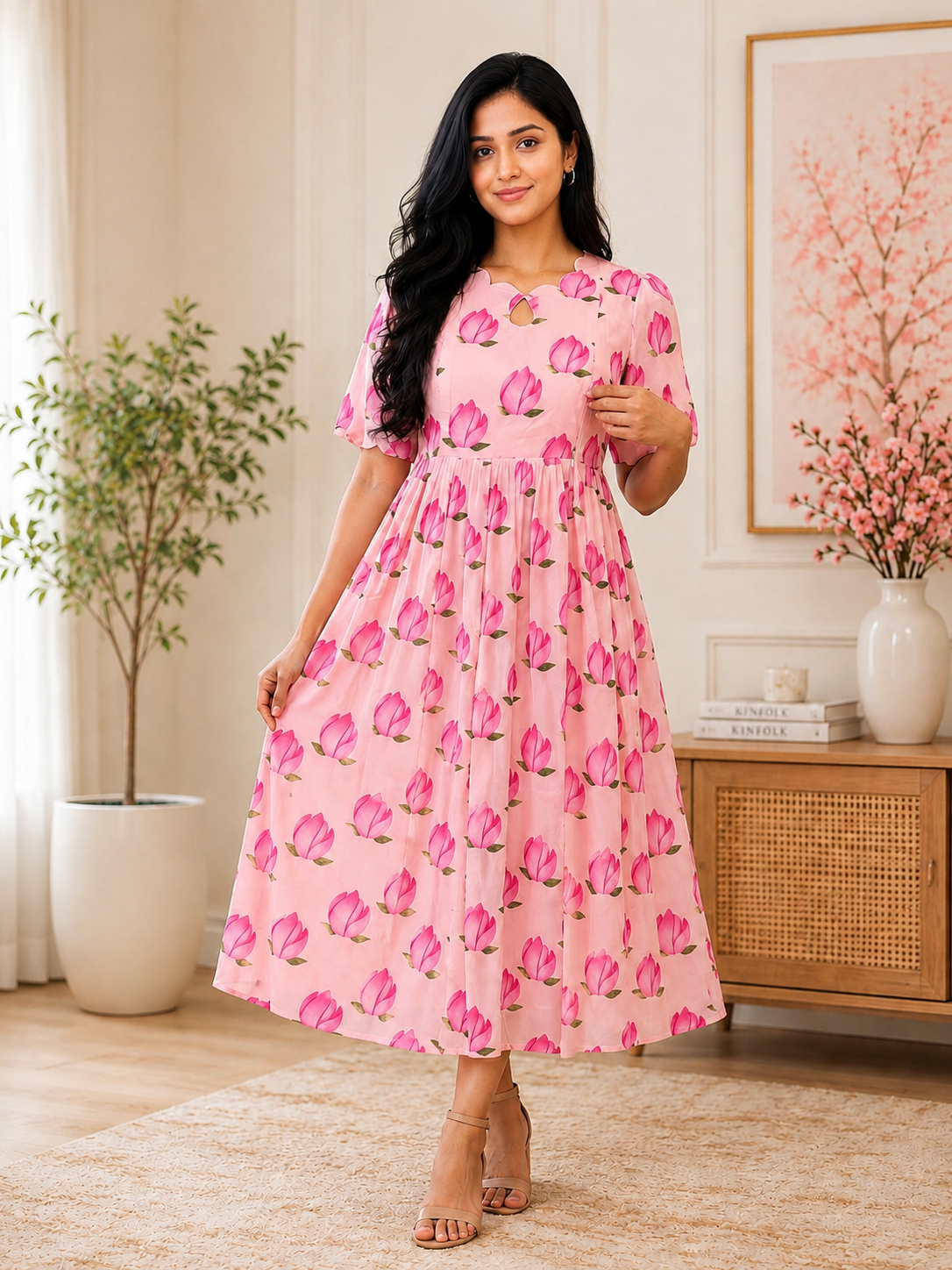 Peach Pink Tulip Printed Georgette Feeding Maxi