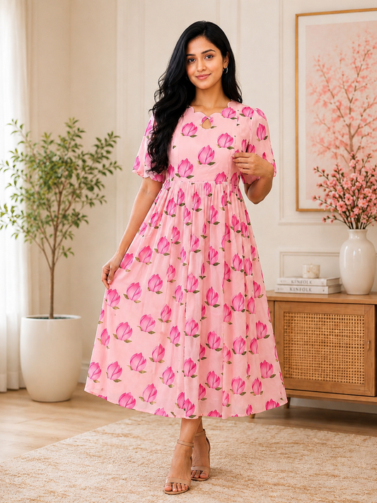 Peach Pink Tulip Printed Georgette Feeding Maxi