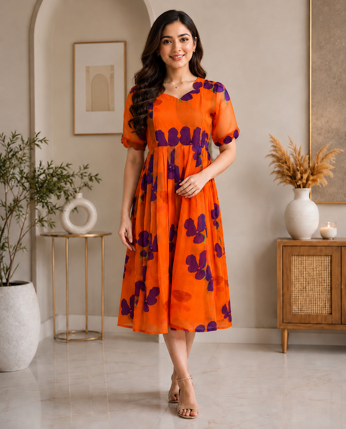 Orange Purple Floral Printed Georgette Feeding Maxi