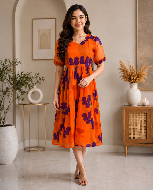 Orange Purple Floral Printed Georgette Feeding Maxi