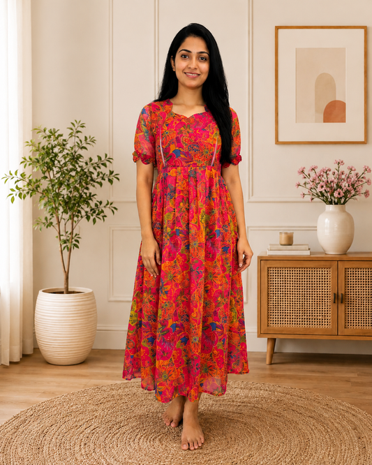 Pink Orange Multicolor Floral Printed Georgette Feeding Maxi