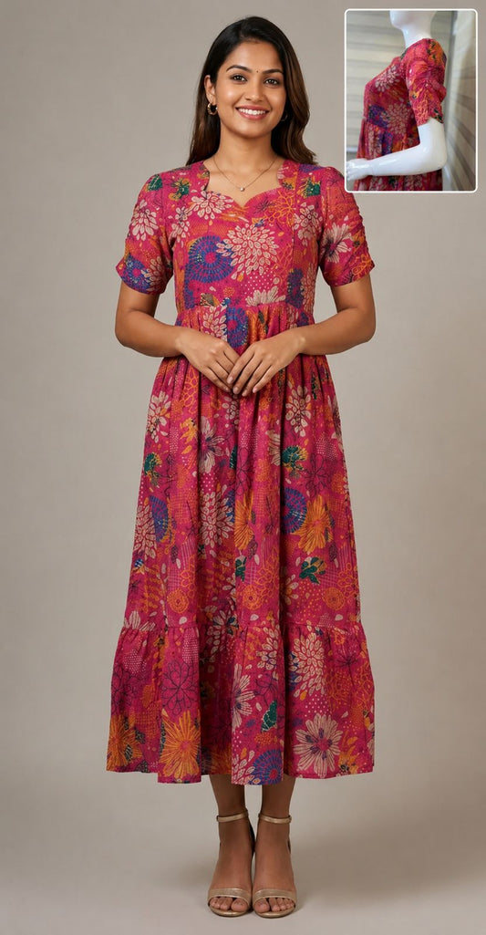 Pink Floral Print Hakoba Feeding Maxi