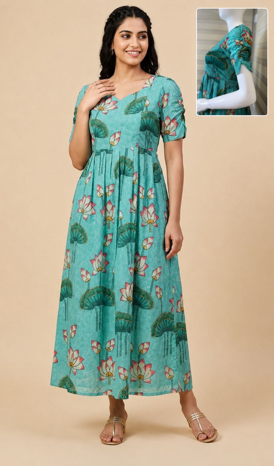 Turquoise Lotus Print Hakoba Feeding Maxi