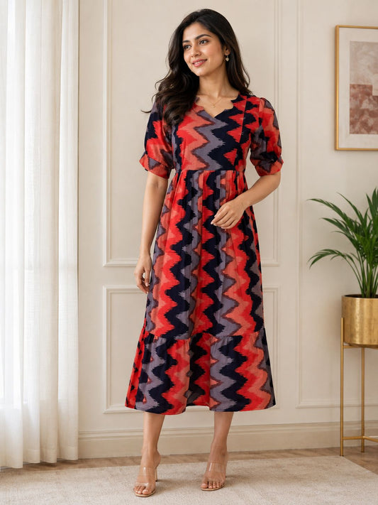 Coral Navy Purple Zigzag Printed Blended Cotton Feeding Maxi