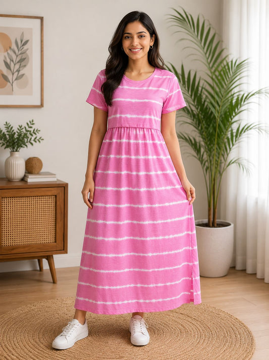 Pink With White Lines Printed Zipless Feeding Loungewear