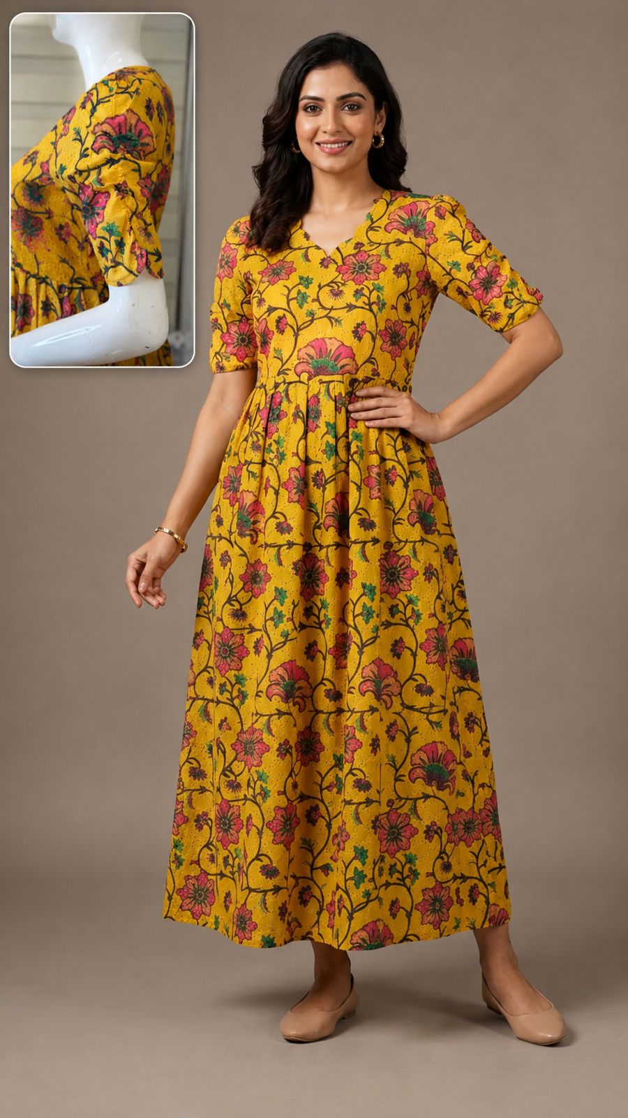 Mustard Floral Printed Hakoba Non Feeding Maxi