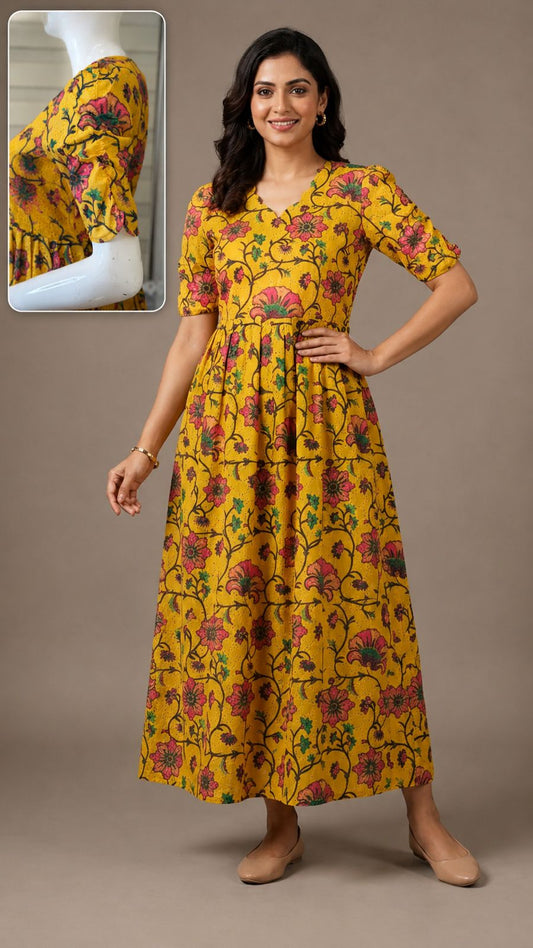 Mustard Floral Printed Hakoba Non Feeding Maxi