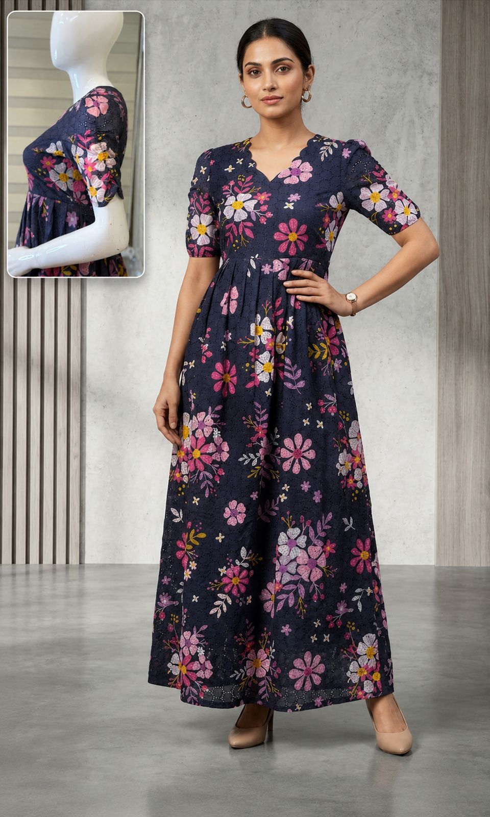 Navy Floral Printed Hakoba Non Feeding Maxi