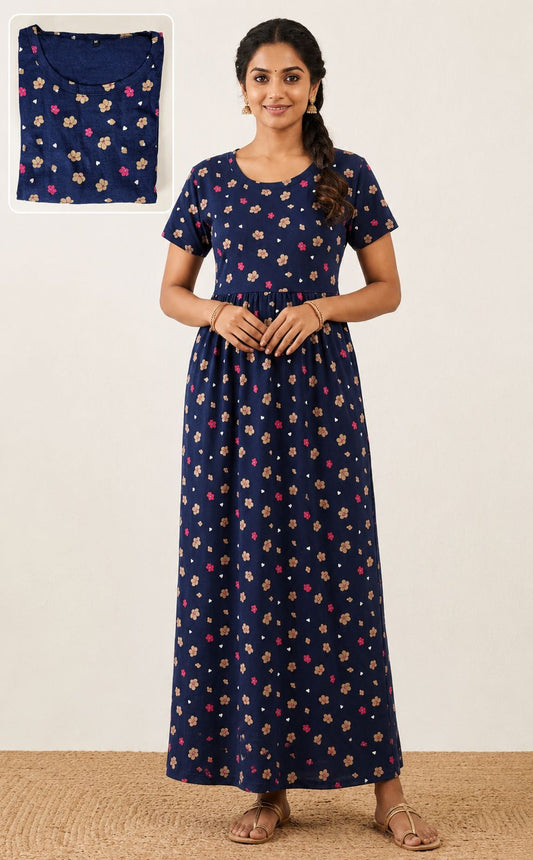 Navy Blue Floral Printed Non Feeding Loungewear