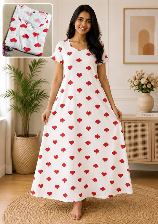 White With Red Heart Printed Non Feeding Loungewear