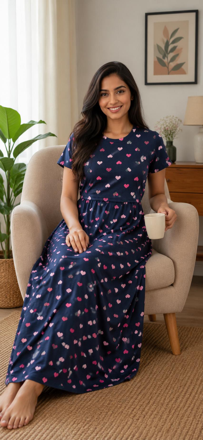 Navy Blue With Little Hearts Printed Feeding Loungewear